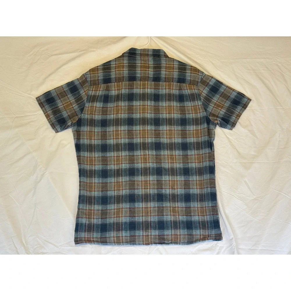 Kuhl Mens Medium Blue Brown Plaid Short Sleeve Button Down Shirt Pockets Hiking